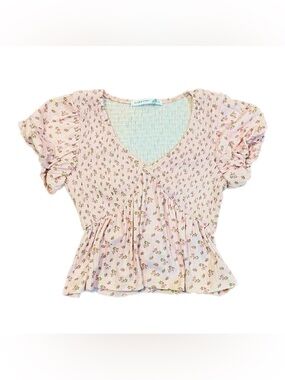 Altar’d State Smocked Pink Floral Peplum Puff Sleeve Cottagecore Peasant Top S